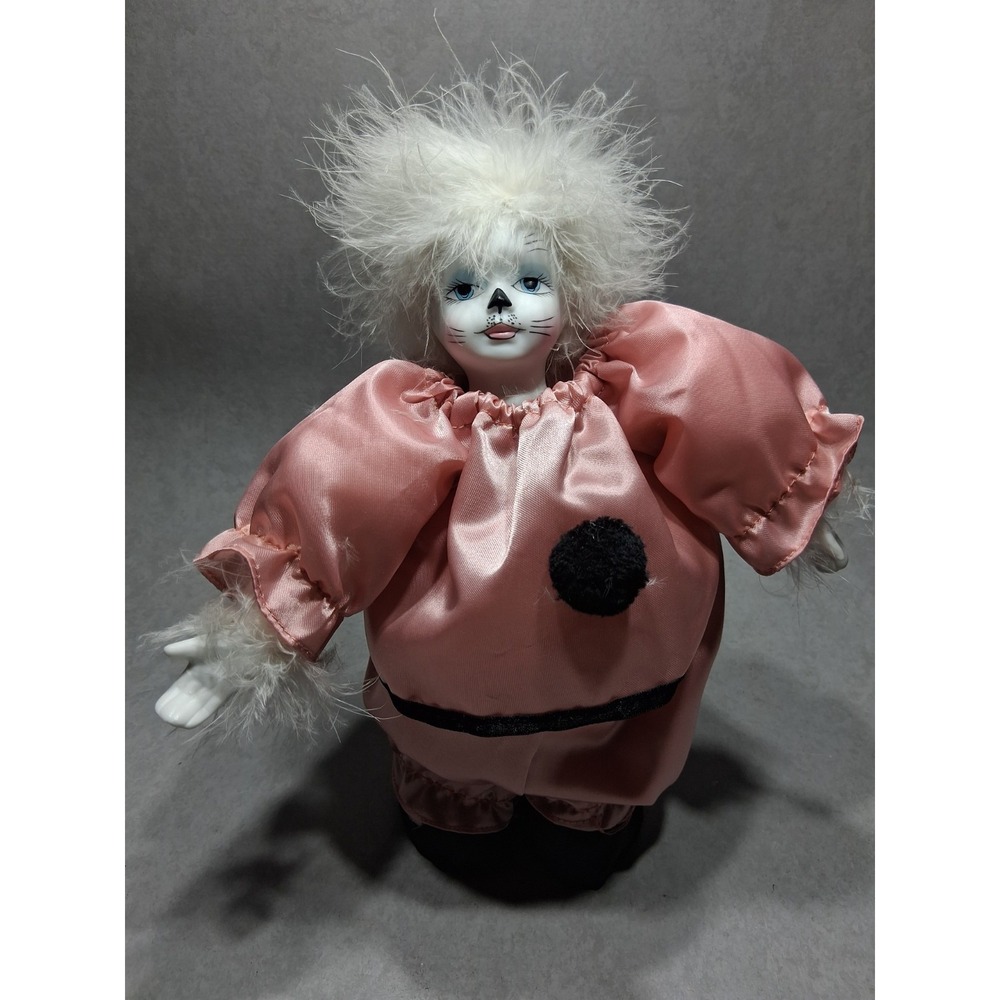 Hand Made & Painted Porcelain Wind-Up Animated Musical Cat Face 10" Clown Doll